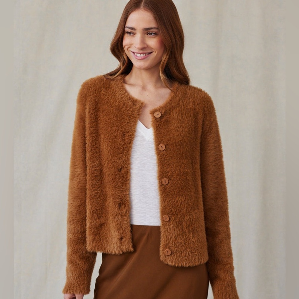 Bella Dahl Fuzzy Crew Neck Cardigan- Twilight Gold